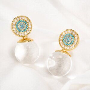 Alicia Bonnie Blue Accent Round Crystal Clear Sphere Dangle Drop Earrings
